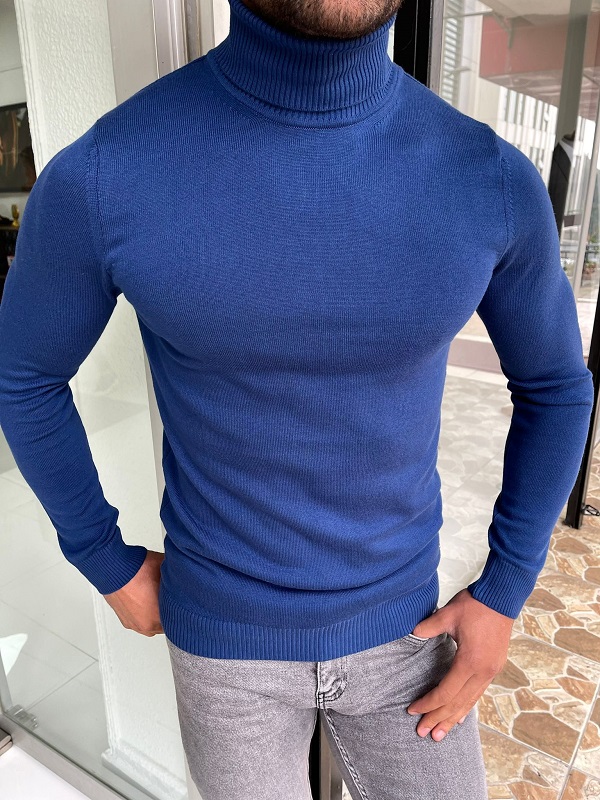 Blue Slim Fit Turtleneck Sweater for Men by Gentwith.com with Free Worldwide Shipping