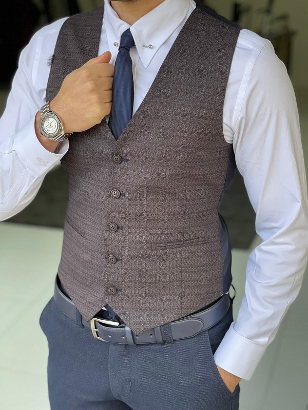 Brown Slim Fit Wool Vest for Men by Gentwith.com with Free Worldwide Shipping