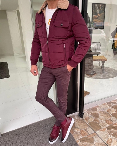 Burgundy Slim Fit Fur Coat for Men by Gentwith.com with Free Worldwide Shipping