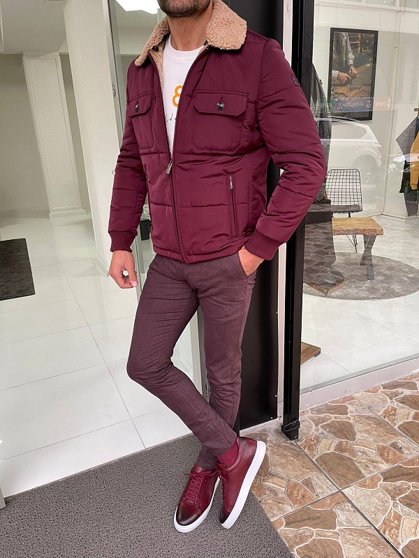 Burgundy Slim Fit Fur Coat for Men by Gentwith.com with Free Worldwide Shipping