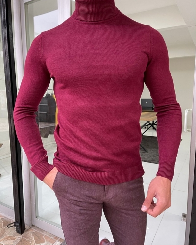 Burgundy Slim Fit Mock Turtleneck Sweater for Men by Gentwith.com with Free Worldwide Shipping