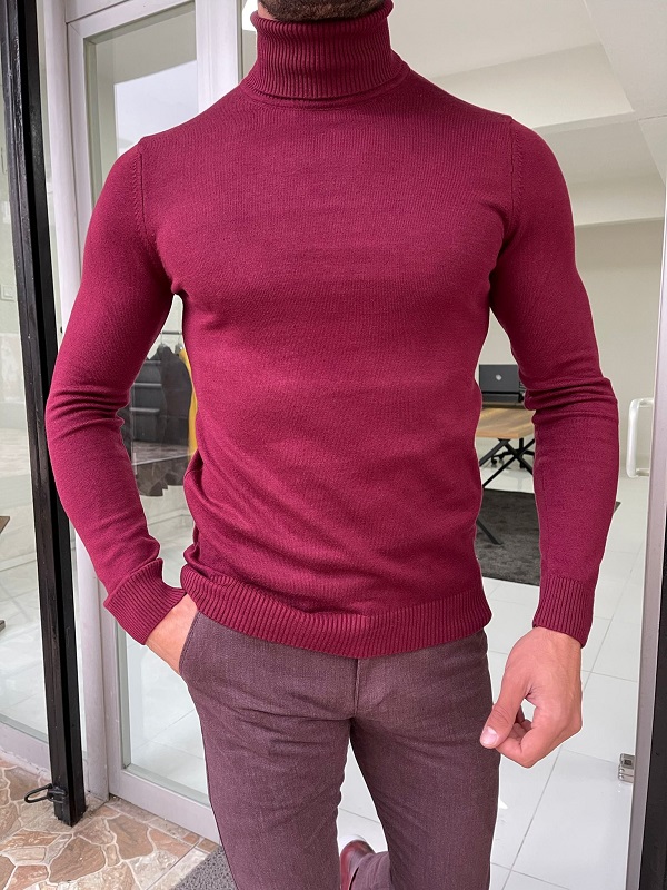 GentWith Hazard Burgundy Slim Fit Turtleneck Sweater 