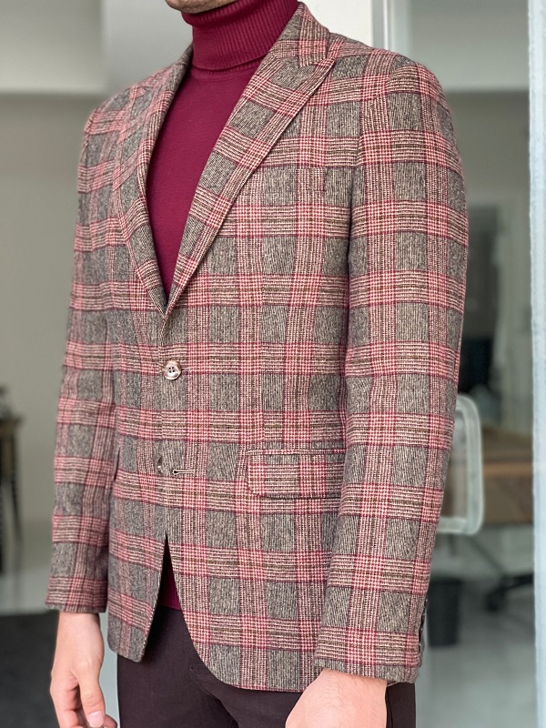 Burgundy Slim Fit Peak Lapel Wool Plaid Blazer for Men by Gentwith.com with Free Worldwide Shipping