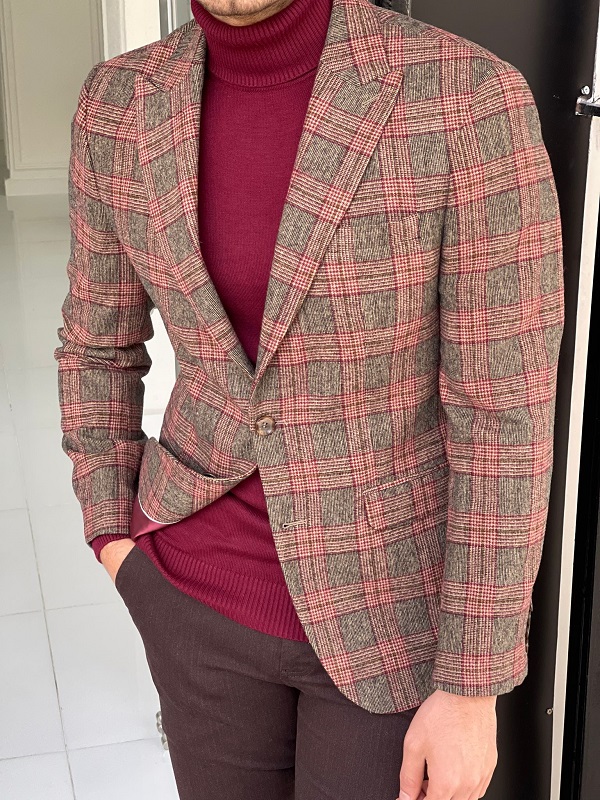 GentWith Hazard Burgundy Slim Fit Peak Lapel Wool Plaid Blazer 