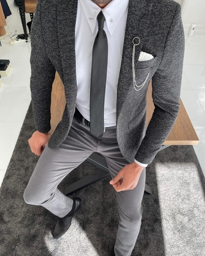 Dark Gray Slim Fit Peak Lapel Wool Blazer for Men by Gentwith.com with Free Worldwide Shipping