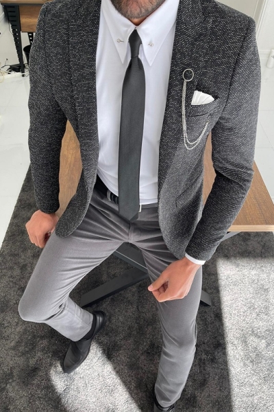 Dark Gray Slim Fit Peak Lapel Wool Blazer for Men by Gentwith.com with Free Worldwide Shipping