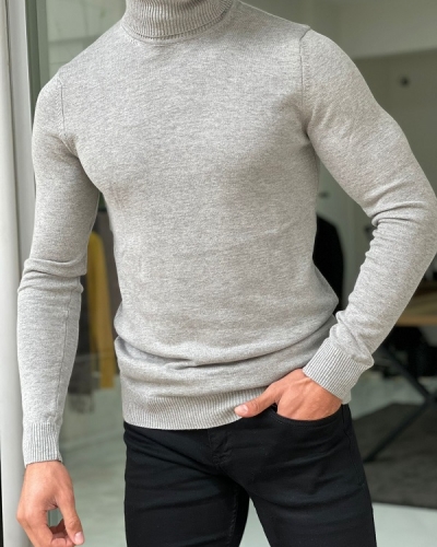 Gray Slim Fit Turtleneck Sweater for Men by Gentwith.com with Free Worldwide Shipping