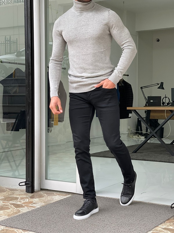 Gray Slim Fit Turtleneck Sweater for Men by GentWith.com