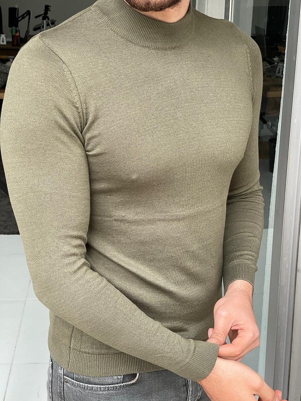 Khaki Slim Fit Mock Turtleneck Sweater for Men by Gentwith.com with Free Worldwide Shipping