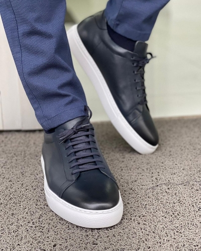 Navy Blue Lace-Up Mid-Top Sneakers for Men by Gentwith.com with Free Worldwide Shipping