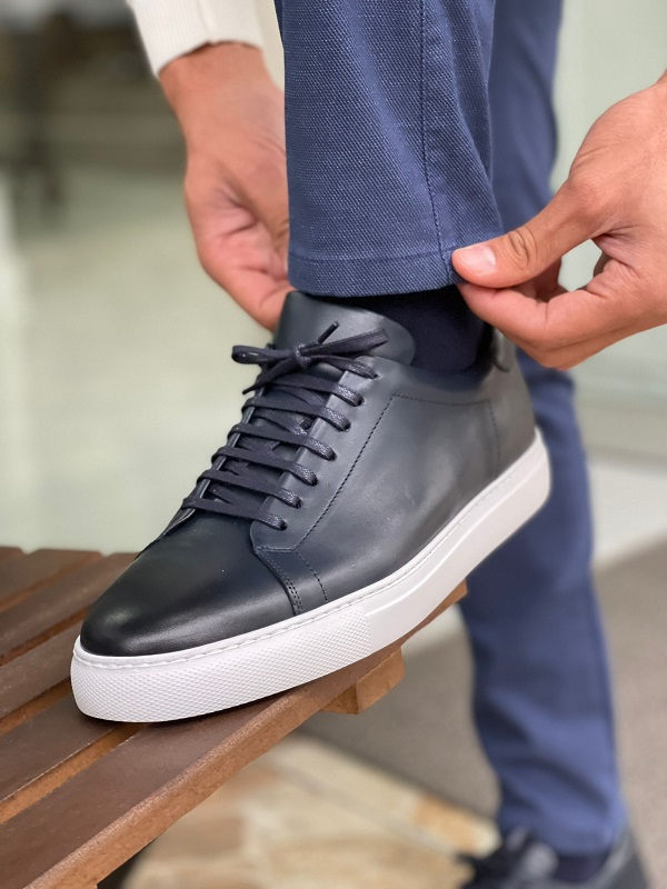 Navy Blue Lace Up Mid Top Sneakers for Men by GentWith.com