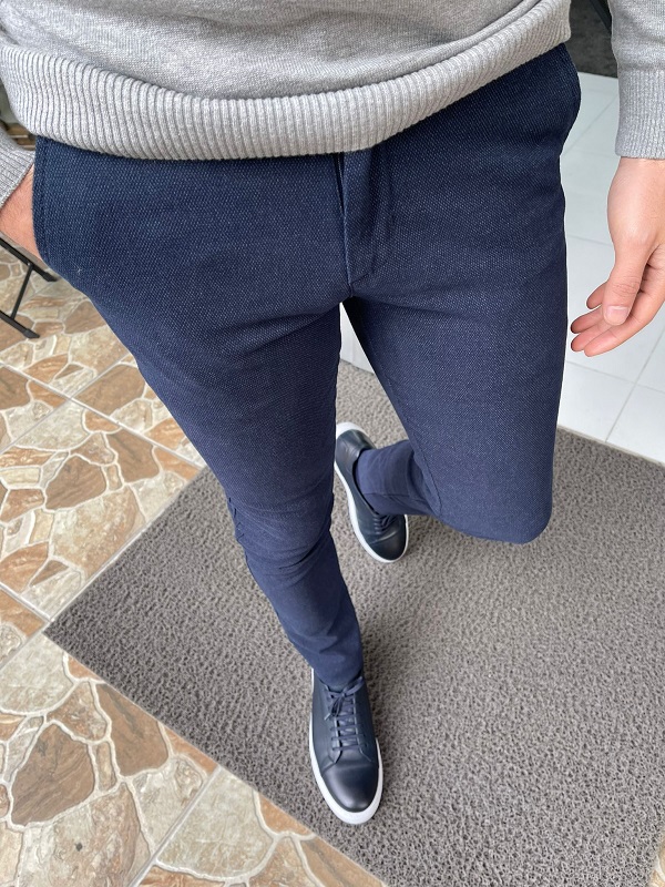 Navy Blue Slim Fit Cotton Lycra Pants for Men by GentWith.com