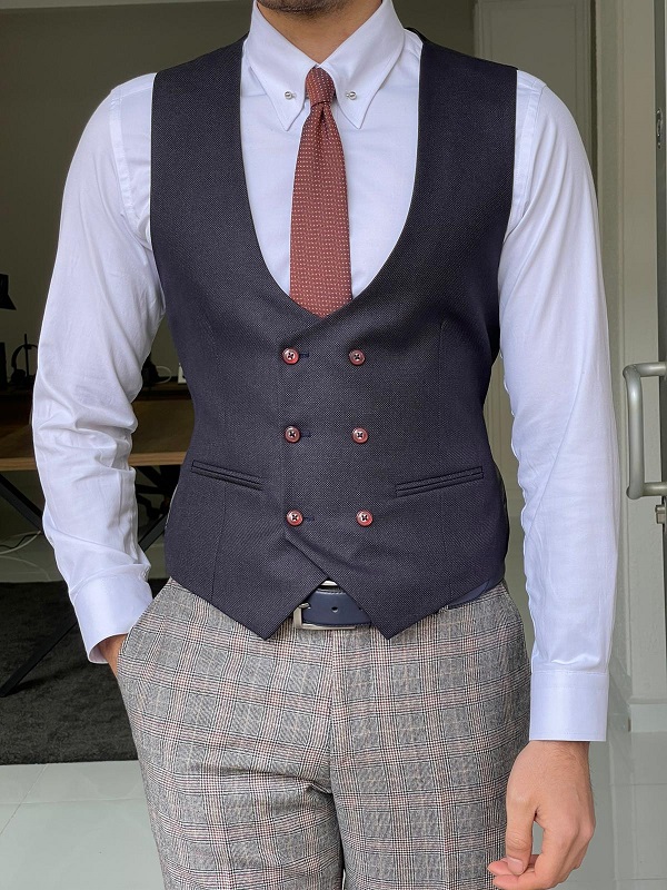 Navy Blue Slim Fit Double Breasted Wool Vest for Men by GentWith.com