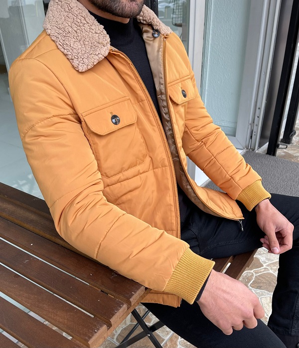 Yellow Slim Fit Fur Coat for Men by Gentwith.com with Free Worldwide Shipping