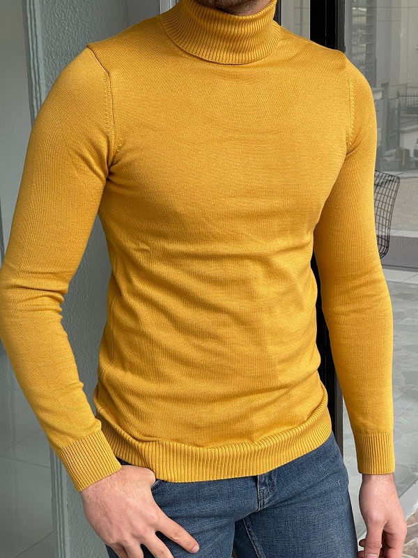 Yellow Slim Fit Mock Turtleneck Sweater for Men by Gentwith.com with Free Worldwide Shipping