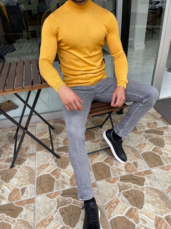 Yellow Slim Fit Mock Turtleneck Sweater for Men by GentWith.com