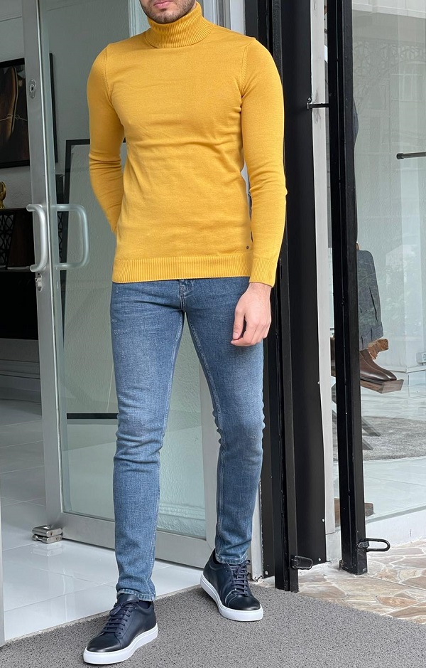Yellow Slim Fit Mock Turtleneck Sweater for Men by Gentwith.com with Free Worldwide Shipping