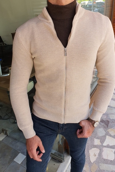 Beige Slim Fit Cardigan for Men by Gentwith.com with Free Worldwide Shipping