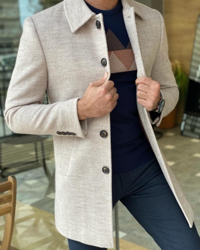 Beige Slim Fit Collar Wool Long Coat for Men by Gentwith.com with Free Worldwide Shipping