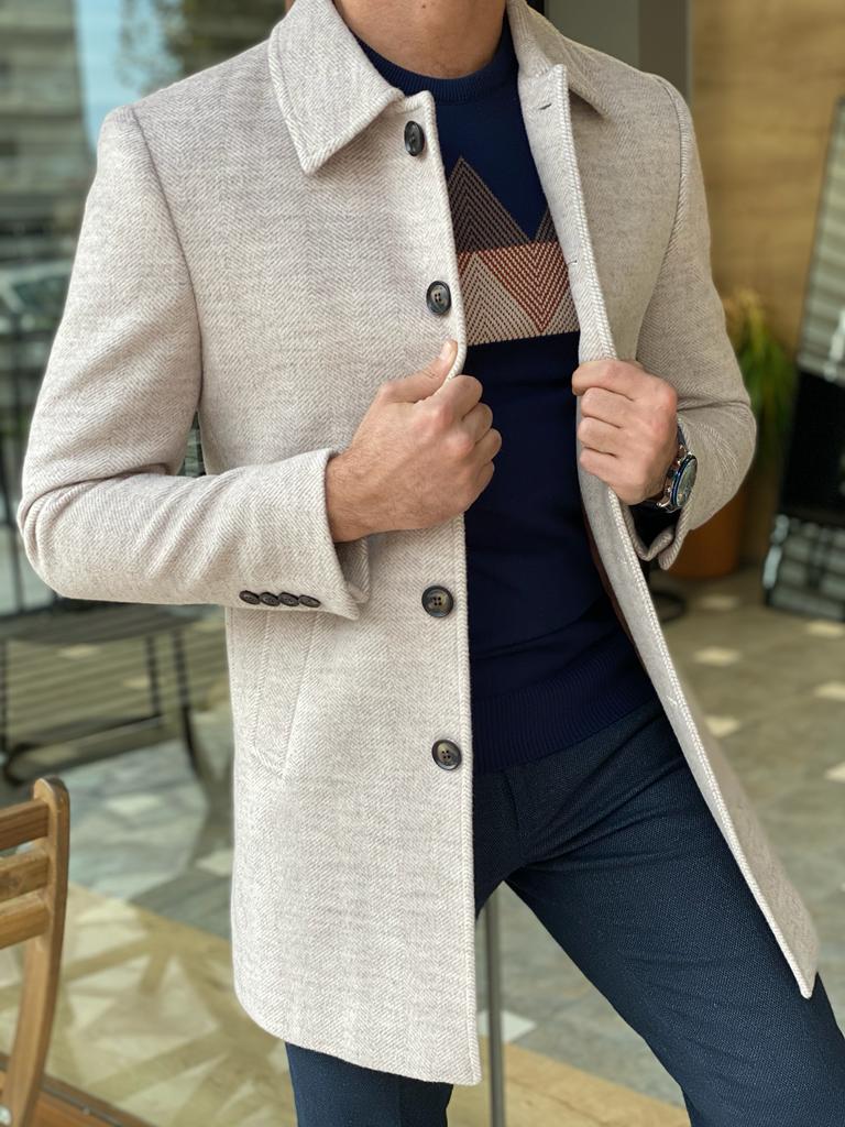 GentWith Lawton Beige Slim Fit Collar Wool Long Coat 