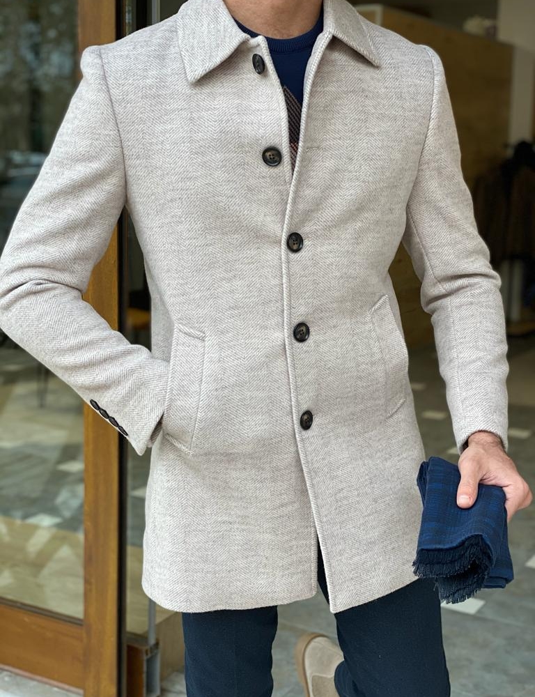 Beige Slim Fit Collar Wool Long Coat for Men by Gentwith.com with Free Worldwide Shipping