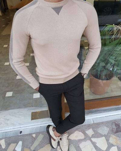 Beige Slim Fit Crew Neck Sweater for Men by Gentwith.com with Free Worldwide Shipping