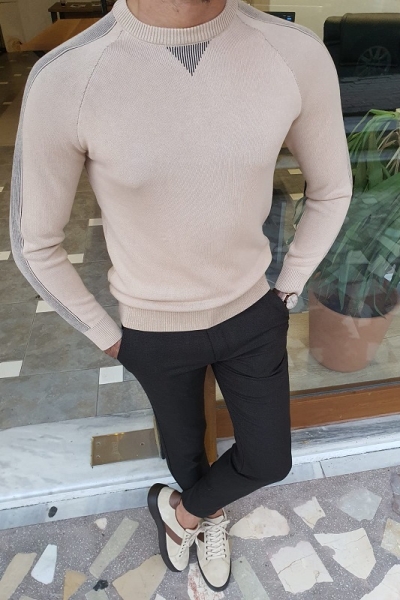 Beige Slim Fit Crew Neck Sweater for Men by Gentwith.com with Free Worldwide Shipping