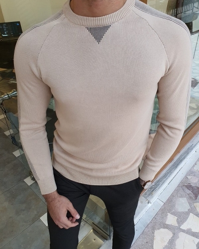 Beige Slim Fit Crew Neck Sweater for Men by Gentwith.com with Free Worldwide Shipping