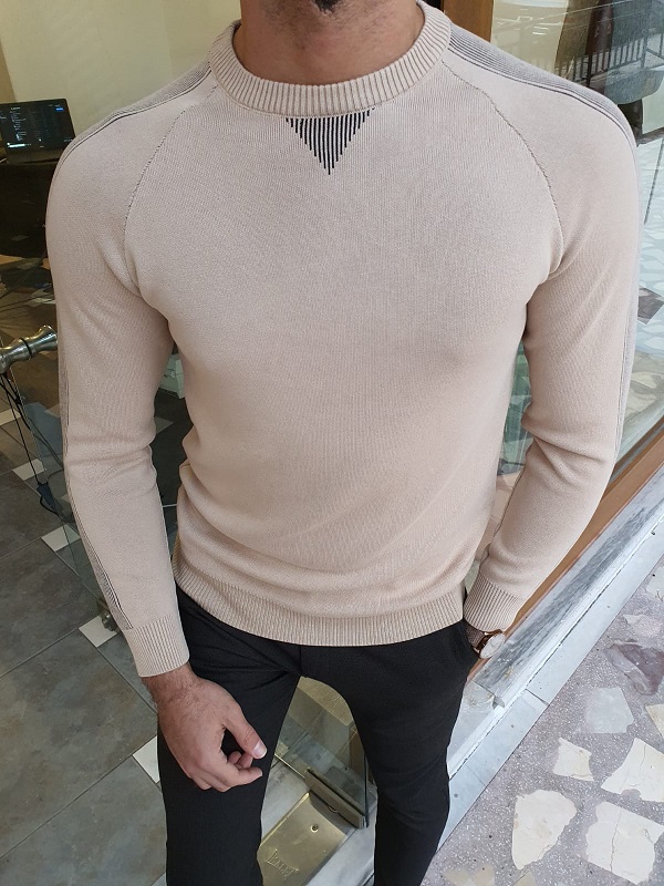 Beige Slim Fit Crew Neck Sweater for Men by GentWith.com