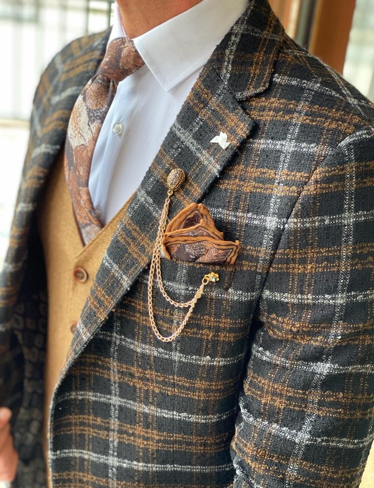 Beige Slim Fit Plaid Wool Blazer for Men by Gentwith.com with Free Worldwide Shipping