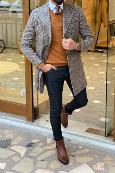 Beige Slim Fit Single Breasted Plaid Wool Long Coat for Men by Gentwith.com with Free Worldwide Shipping