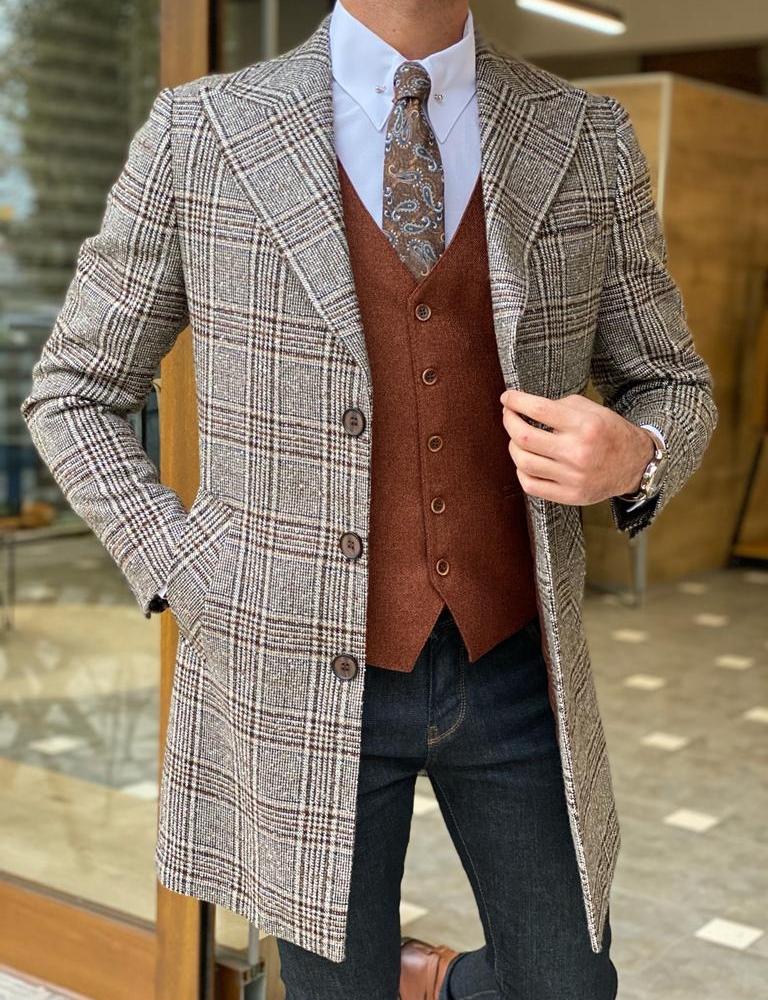 Beige Slim Fit Single Breasted Plaid Wool Long Coat for Men by Gentwith.com with Free Worldwide Shipping