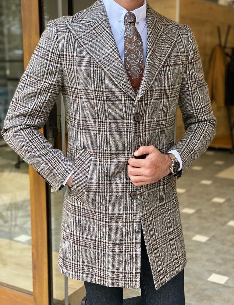 Beige Slim Fit Single Breasted Plaid Wool Long Coat for Men by Gentwith.com with Free Worldwide Shipping
