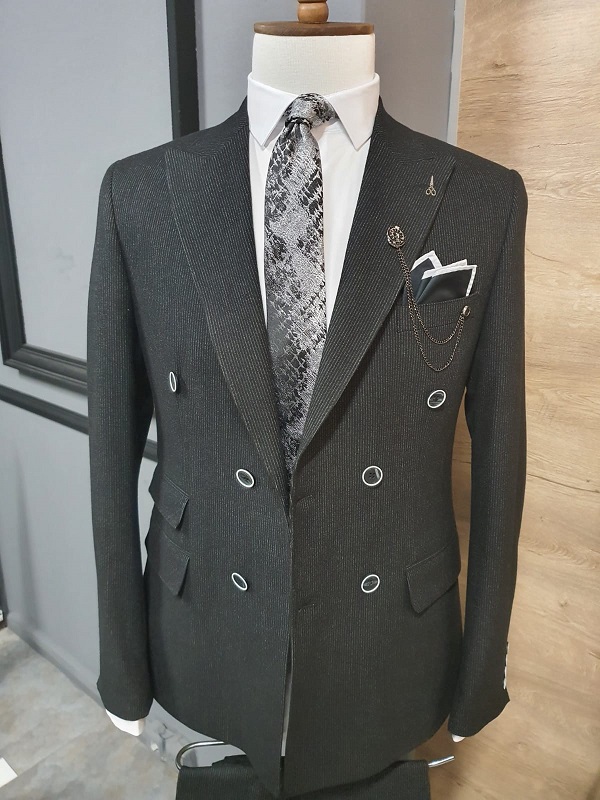 Black Slim Fit Double Breasted Wool Suit for Men by GentWith.com