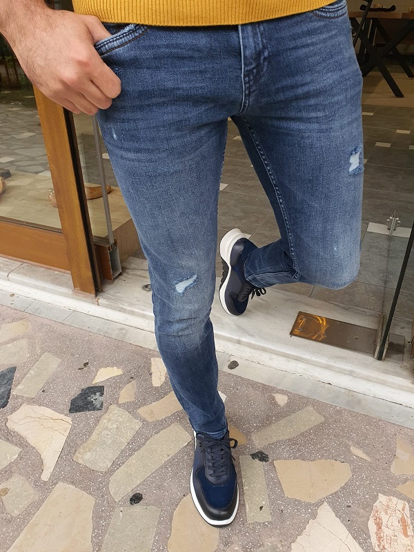 Blue Slim Fit Distress Jeans for Men by Gentwith.com with Free Worldwide Shipping