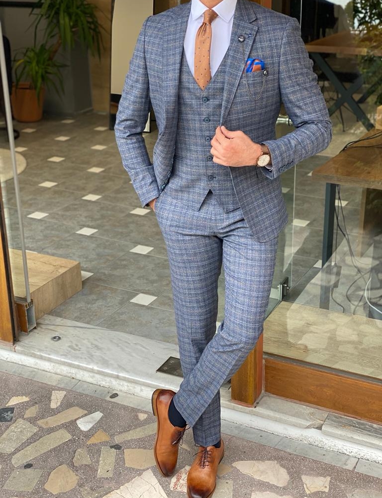 Blue Slim Fit Plaid Check Wool Suit for Men by Gentwith.com with Free Worldwide Shipping
