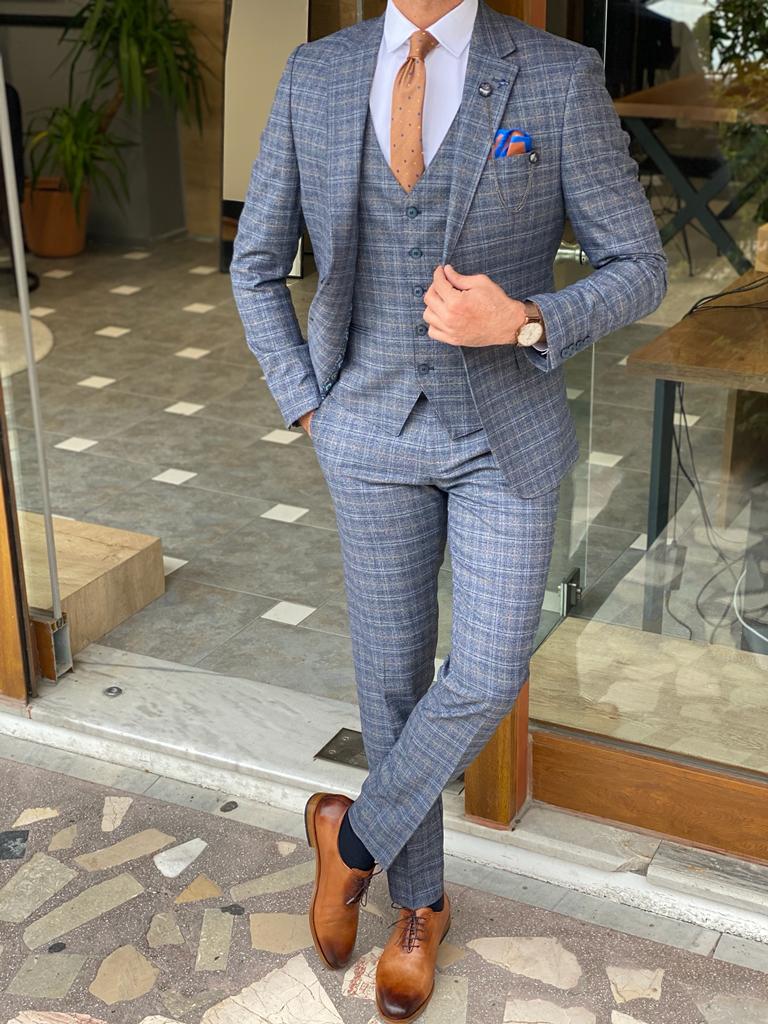 Blue Slim Fit Plaid Check Wool Suit for Men by GentWith.com