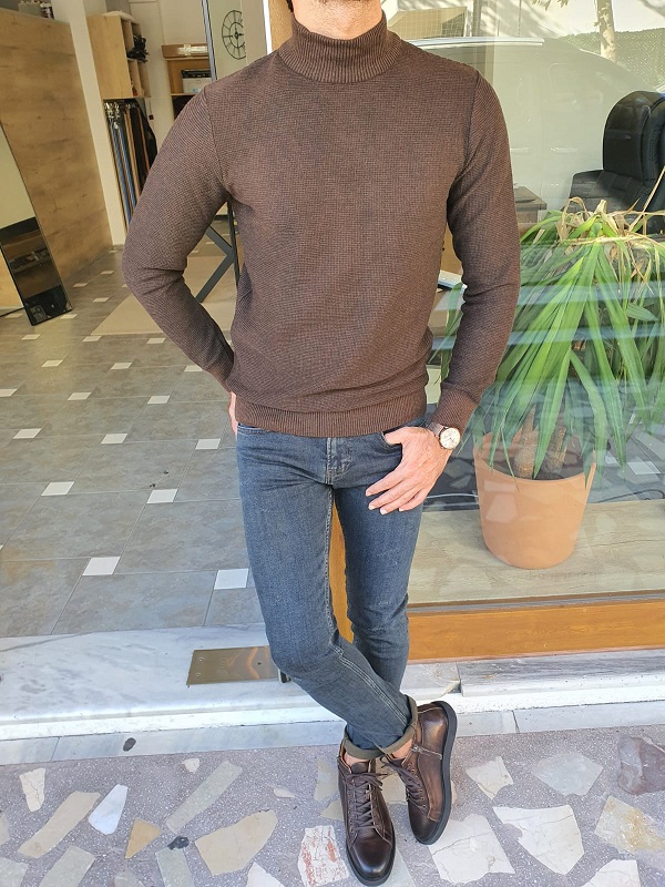 Brown Slim Fit Mock Turtleneck Sweater for Men by Gentwith.com with Free Worldwide Shipping