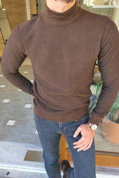 Brown Slim Fit Mock Turtleneck Sweater for Men by Gentwith.com with Free Worldwide Shipping