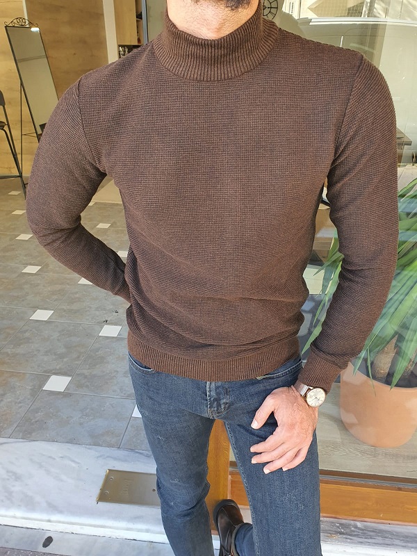 Brown Slim Fit Mock Turtleneck Sweater for Men by Gentwith.com with Free Worldwide Shipping