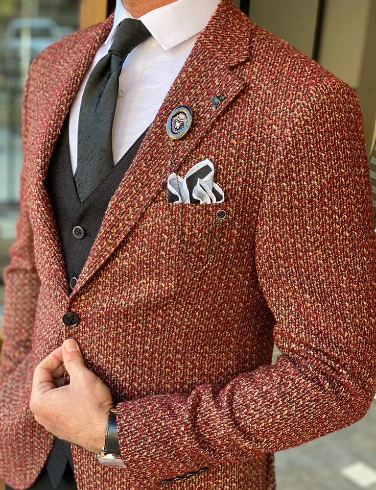 Brown Slim Fit Patterned Wool Suit for Men by Gentwith.com with Free Worldwide Shipping