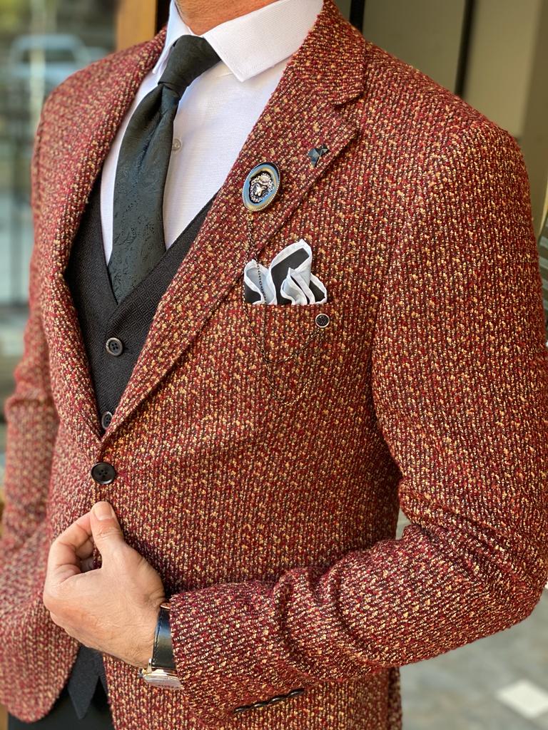 Brown Slim Fit Patterned Wool Suit for Men by Gentwith.com with Free Worldwide Shipping