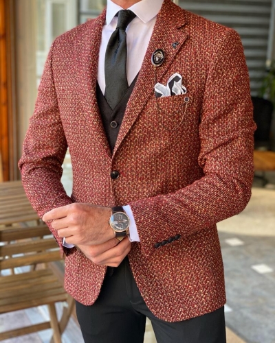 Brown Slim Fit Patterned Wool Suit for Men by Gentwith.com with Free Worldwide Shipping