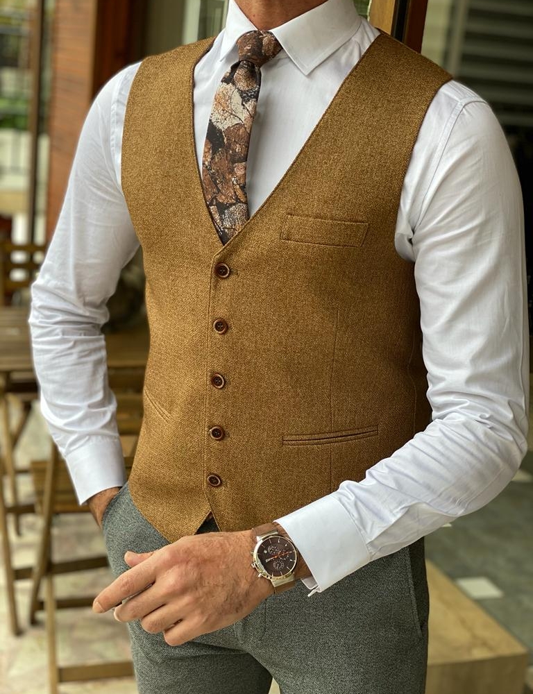 Camel Slim Fit Wool Vest for Men by Gentwith.com with Free Worldwide Shipping