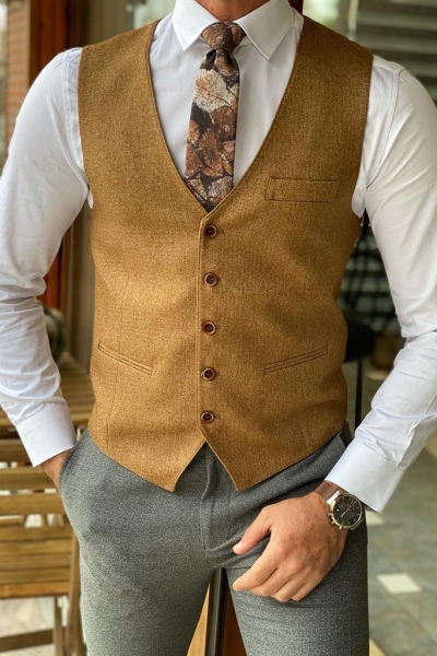 Camel Slim Fit Wool Vest for Men by Gentwith.com with Free Worldwide Shipping