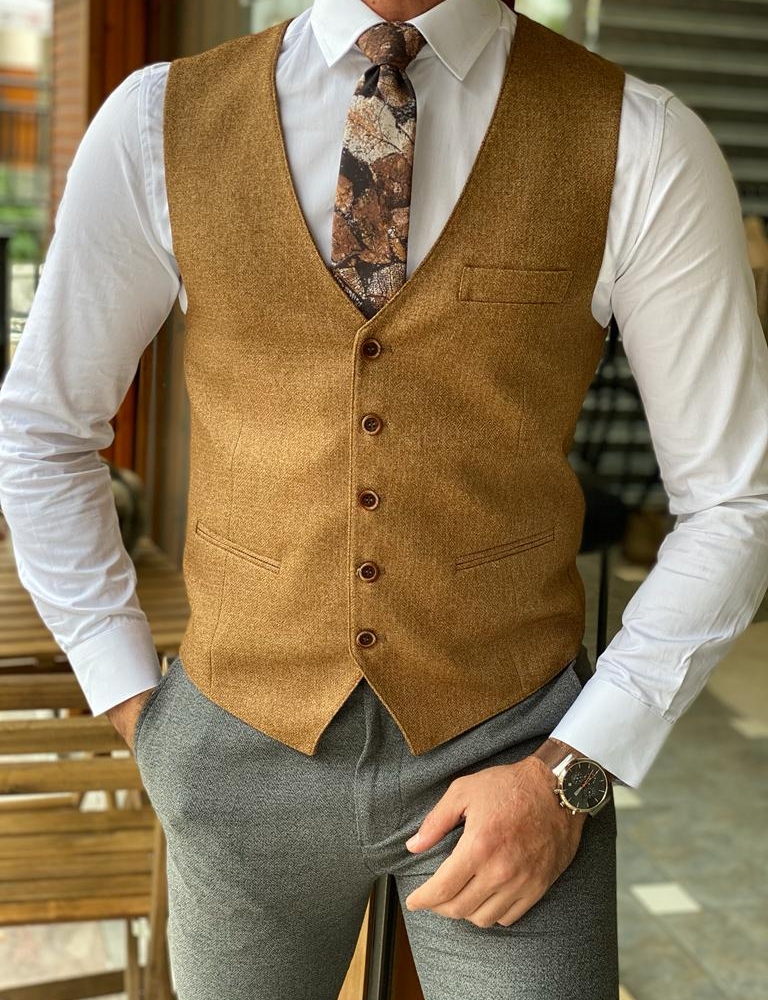 Camel Slim Fit Wool Vest for Men by