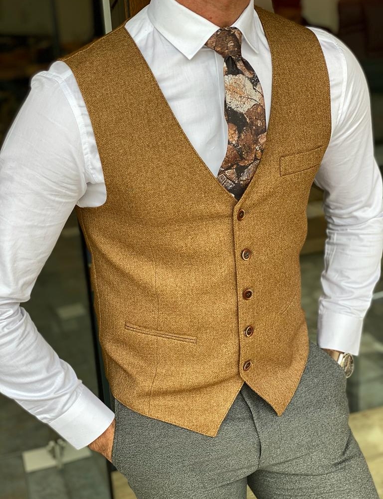 Camel Slim Fit Wool Vest for Men by Gentwith.com with Free Worldwide Shipping