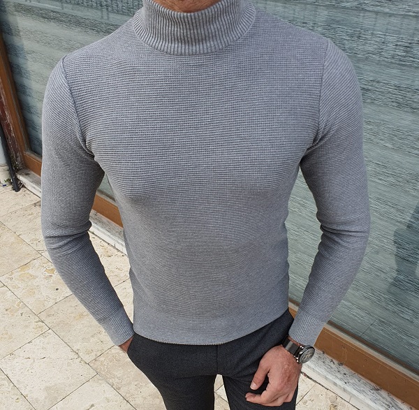 Gray Slim Fit Patterned Monk Turtleneck Sweater for Men