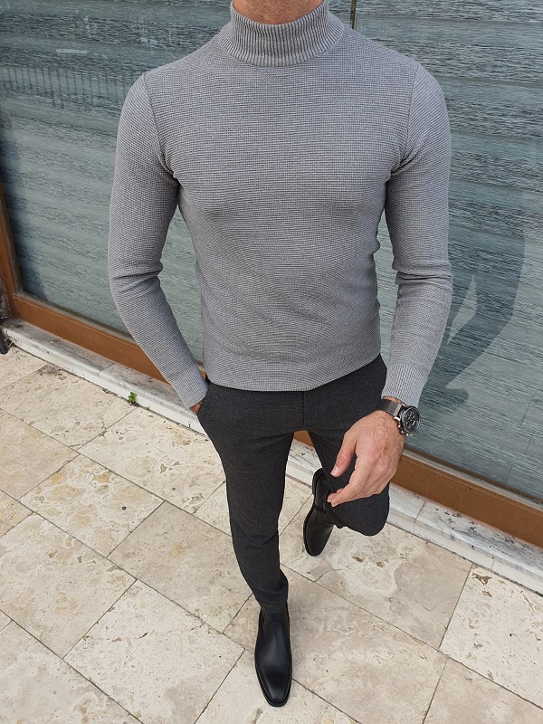 Gray Slim Fit Mock Turtle Neck Sweater for Men by GentWith.com