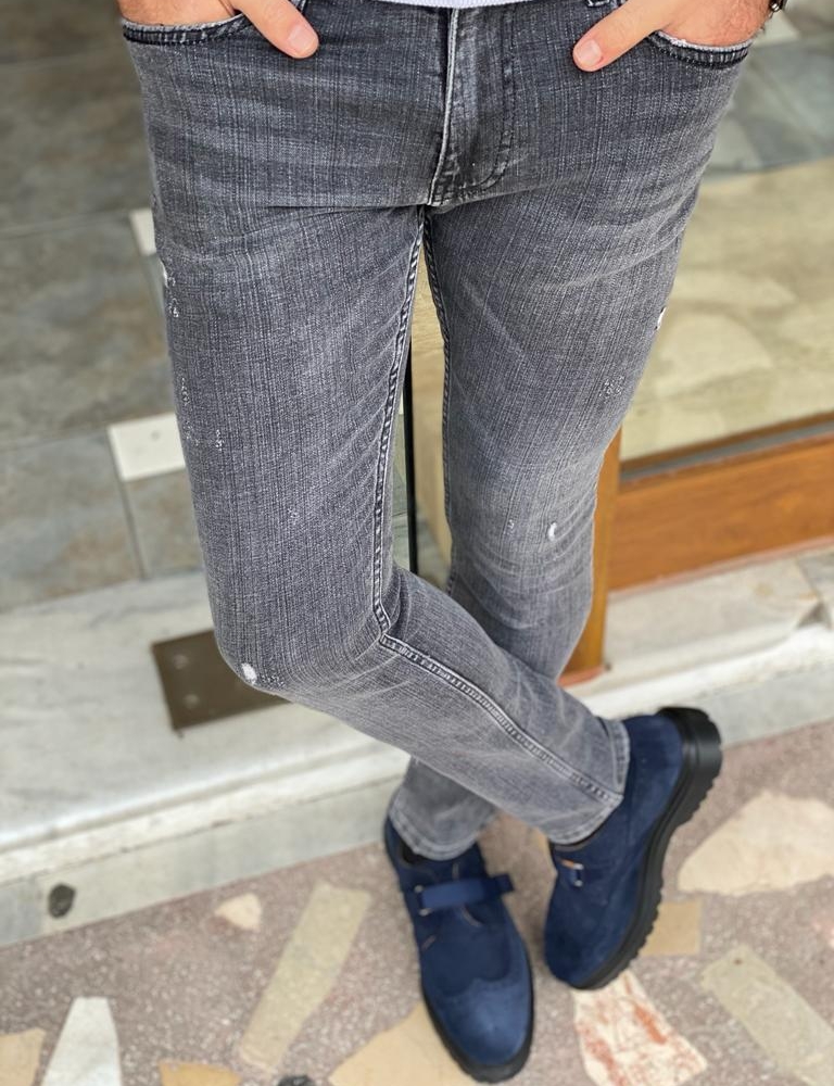 Gray Slim Fit Ripped Jeans for Men by Gentwith.com with Free Worldwide Shipping